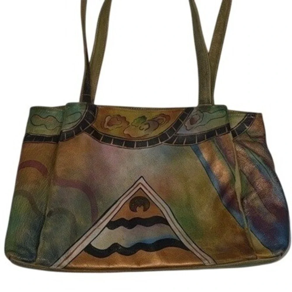 Anuschka Hand Painted Leather Shoulder Bag‎ Abstract Geometric Multicolor Tote